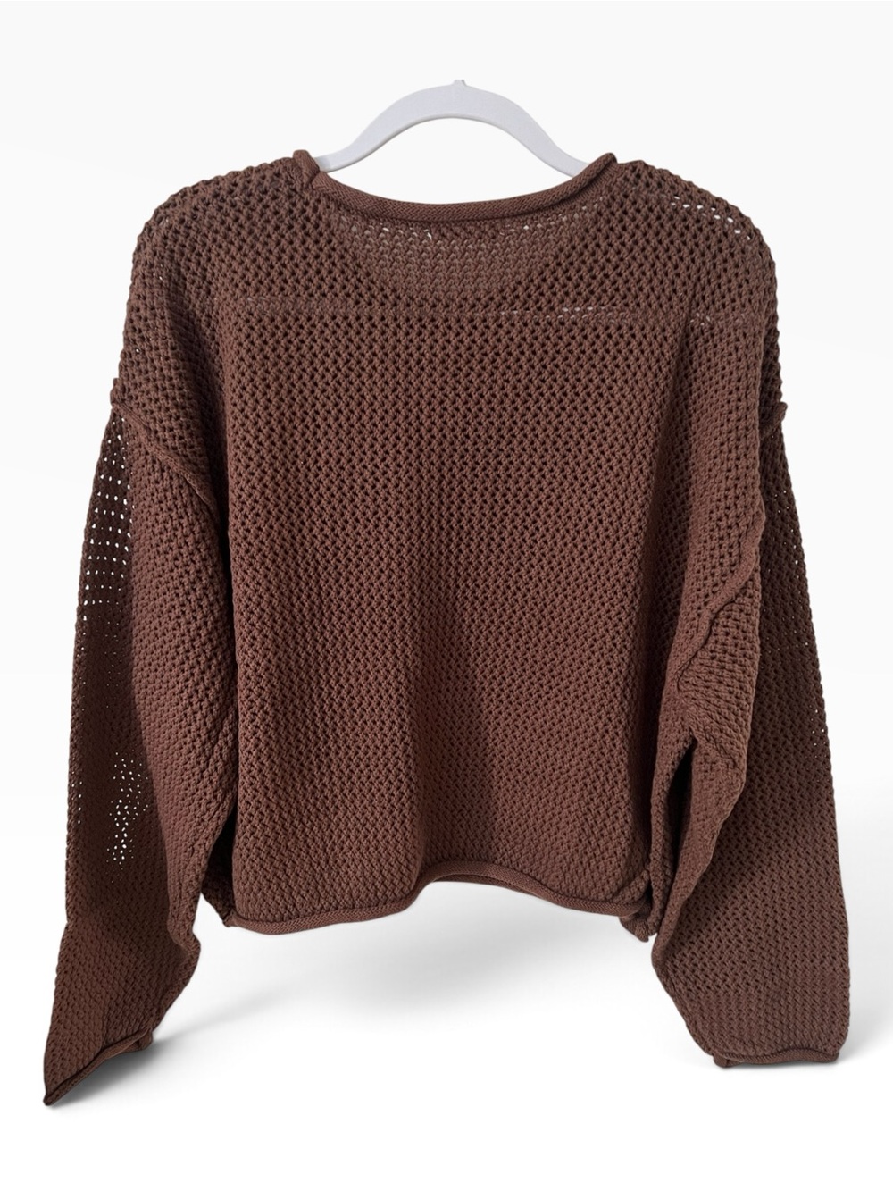 Zenana Brown Open-Knit American flag embroidered Crewneck Sweater - Picture 3 of 5
